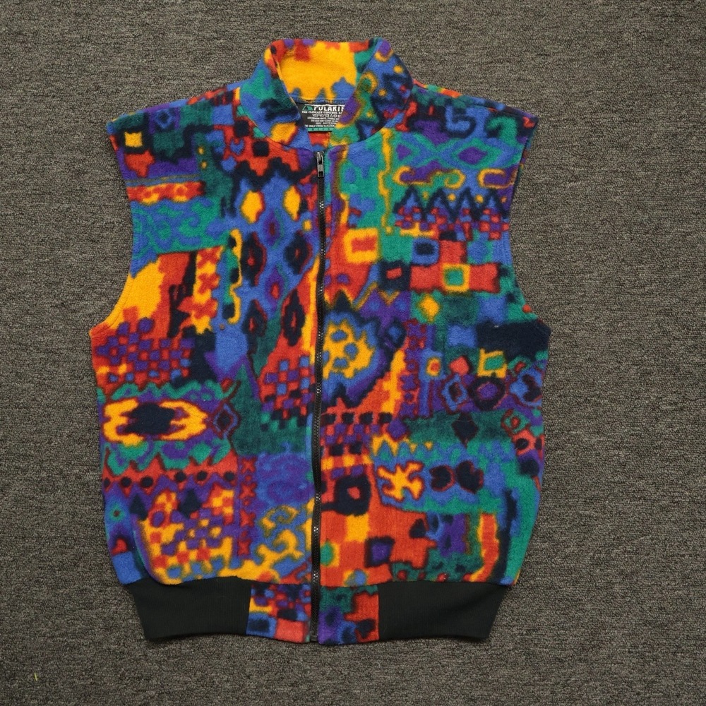 Vtg 90s Polartec 200 Geometric Fleece Vest Malden Mills USA Gorpcore Boxy M/L
